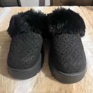 G by Guess Black Faux Fur-Trim Slip-On Clogs